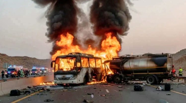 साउदी अरबमा मक्का–मदिनातर्फ जाँदै गरेको बस डिजेल ट्याङ्करसँग ठोक्किँदा आगलागी, ४२ भारतीय यात्रुको दुःखद निधन