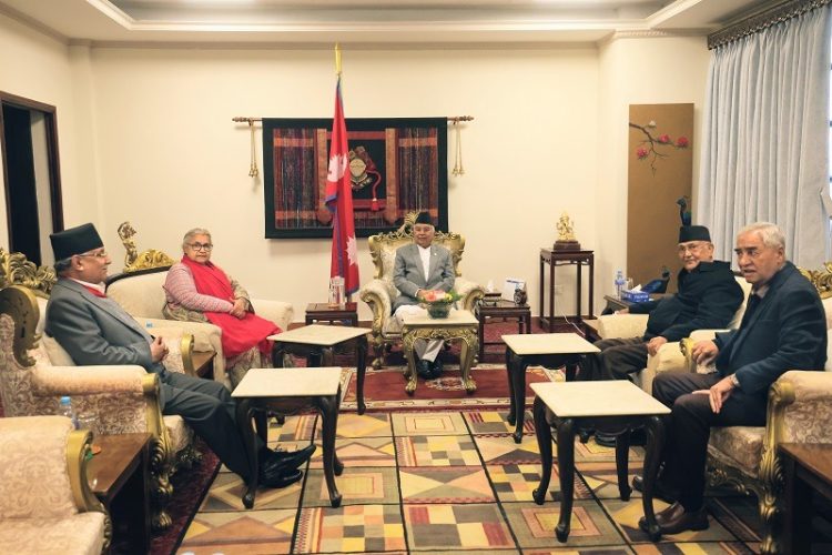 राष्ट्रपति पौडेलसहित प्रधानमन्त्री र शीर्ष तीन दलका नेताबीच संयुक्त भेटवार्ता